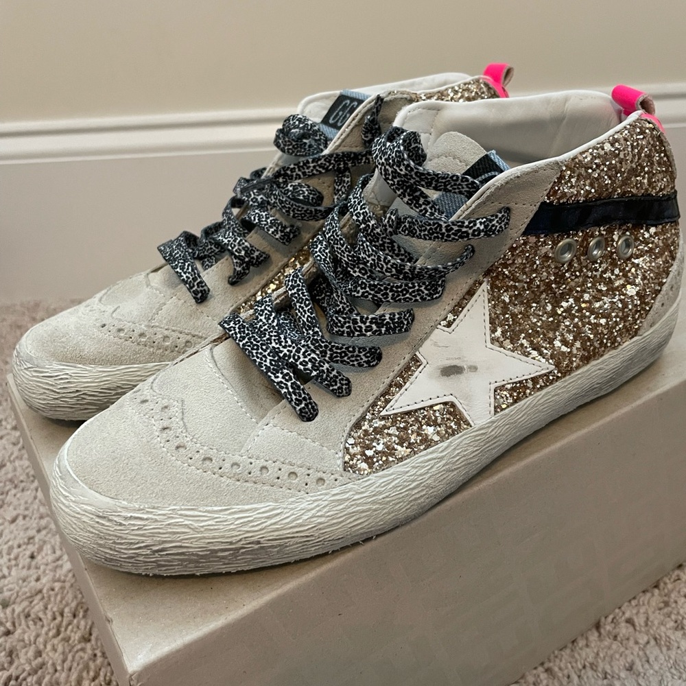 NEW Never Worn Golden Goose Glitter Midstar Sneakers with Pink Accents Size 38